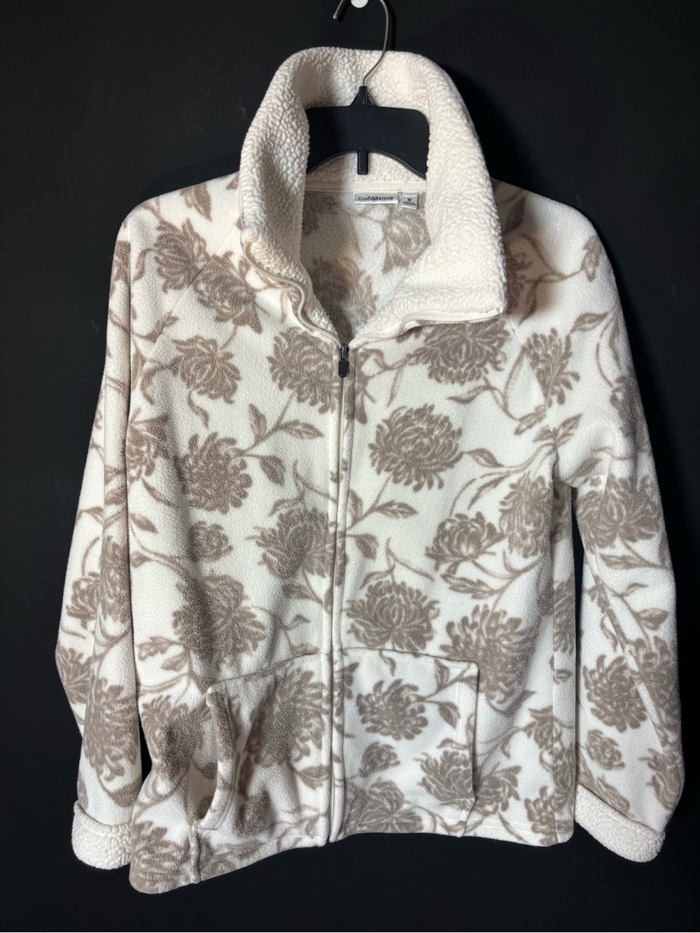 croft & barrow Cream Sherpa Zip-Up Jacket with Taupe Floral Print-medium
